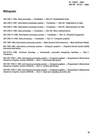 Is 15057:2001 
lSO/TR 10127:1990 
Bibliography 
ISO 2382-1:1984, Data processing — Vocabulary — Part 01: Fundamental terms. 
ISO 2382-4:1987, Information processing systems — Vocabulary — Part 04: Organization of data. 
ISO 2382-5:1989, Information processing systems — Vocabulary — Part 05: Representation of data. 
ISO 2382-9:1984, Data processing — Vocabulary — Part 09: Data communication. 
1S0 2382-12:1988, Information processing, systems — Vocabulary — Part 12: Peripheral equipment. 
1S0 2382-13:1984, Data processing — Vocabulary — Part 13: Computer graphics. 
1S0 7498:1984, Information processing systems — Open Systems Interconnection — Basic Reference Model. 
1S0 7942:1985, Information processing systems — Computer graphics — Graphical Kernal System (GKS) 
functional description. 
1S0 9179-1:1988, Technical drawings — Numerically controlled draughting machines — Part 1: 
Vocabulary. 
ISO/IEC 9592-1:1989, Information processing systems — Computer graphics — Programmer’s Hierarchical 
Interactive Graphics System (PHIGS) — Part 1: Functional description. 
ISO/IEC 9592-2:1989, Information processing systems — Computer graphics — Programmer’s Hierarchical 
Interactive Graphics System (PHIGS) — Part 2: Archive file format. 
ISO/IEC 9592-3:1989, Information processing systems — Computer graphics — Programmer Hierarchical 
Interactive Graphics System (PHIGS) — Part 3: Clear-text encoding of archive file. 15 
 