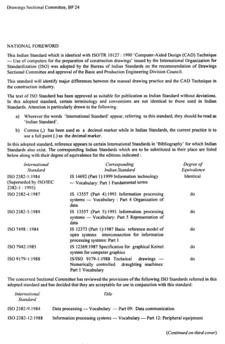 Drawings Sectional Committee, BP 24 
NATIONAL FOREWORD 
This Indian Standard which is identical with ISO/TR 10127:1990 ‘Computer-Aided Design (CAD) Technique 
— Use of computers for the preparation of construction drawings’ issued by the International Organization for 
Standardization (1S0) was adopted by the Bureau of Indian Standards on the recommendation of Drawings 
Sectional Committee and approval of the Basic and Production Engineering Division Council. 
This standard will identify major differences between the manual drawing practice and the CAD Technique in 
the construction industry. 
The text of 1S0 Standard has been approved as suitable for publication as Indian Standard without deviations. 
In this adopted standard, certain terminology and conventions are not identical to those used in Indian 
Standards. Attention is particularly drawn to the following: 
a) Wherever the words ‘International Standard’ appear, referring to this standard, they should be read as 
‘Indian Standard’. 
b) Comma (,) has been used as a decimal marker while in Indian Standards, the current practice is to 
use a full point (.) as the decimal marker. 
In this adopted standard, reference appears to certain International Standards in ‘Bibliography’ for which Indian 
Standards also exist. The corresponding Indian Standards which are to be substituted in their place are listed 
below along with their degree of equivalence for the editions indicated: 
International 
Standard 
1S0 2382-1:1984 
(Superseded by ISO/lEC 
2382-1: 1993) 
ISO 2382-4:1987 
1S0 2382-5:1989 
1S0 7498:1984 
ISO 7942:1985 
1S09179-1:1988 
Corresponding 
Indian Standard 
IS 14692 (Part 1):1999 Information technology 
— Vocabulary: Part 1 Fundamental terms 
IS 13557 (Part 4):1993 Information processing 
systems — Vocabulary : Part 4 Organization of 
data 
IS 13557 (Part 5):1993 Information processing 
systems — Vocabulary: Part 5 Representation of 
data 
IS 12373 (Part 1):1987 Basic reference model of 
open systems interconnection for information 
processing systems: Part 1 
IS 12369:1987 Specification for graphical Kernel 
system for computer graphics 
1S/1S0 9179-1:1988 Technical drawings — 
Numerically controlled draughting machines: 
Part 1 Vocabulary 
Degree of 
Equivalence 
Identical 
do 
do 
do 
do 
do 
The concerned Sectional Committee has reviewed the provisions of the following 1S0 Standards referred in this 
adopted standard and has decided that they are acceptable for use in conjunction with this standard: 
International Title 
Standard 
1S0 2382-9:1984 Data processing — Vocabulary — Part 09: Data communication 
1S02382-12:1988 Information processing systems — Vocabulary — Part 12: Peripheral equipment 
(Continued on third cover) 
 