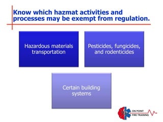Know which hazmat activities and
processes may be exempt from regulation.
 