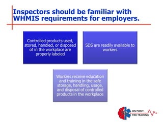 Inspectors should be familiar with
WHMIS requirements for employers.
 