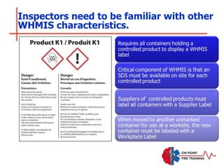 Inspectors need to be familiar with other
WHMIS characteristics.
 