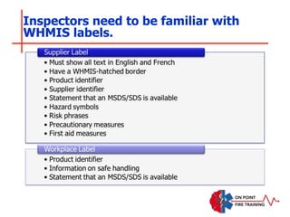 Inspectors need to be familiar with
WHMIS labels.
 