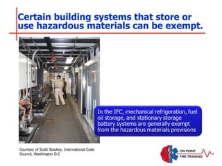 Certain building systems that store or
use hazardous materials can be exempt.
Courtesy of Scott Stookey, International Code
Council, Washington D.C
 