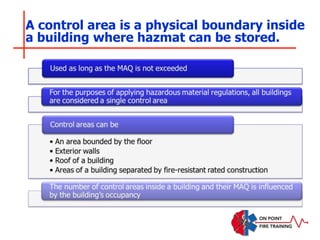 A control area is a physical boundary inside
a building where hazmat can be stored.
 