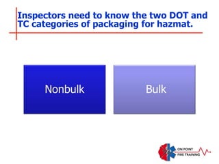 Inspectors need to know the two DOT and
TC categories of packaging for hazmat.
 