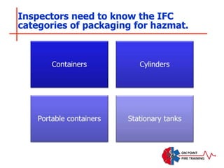 Inspectors need to know the IFC
categories of packaging for hazmat.
 