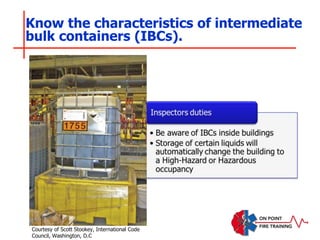 Know the characteristics of intermediate
bulk containers (IBCs).
Courtesy of Scott Stookey, International Code
Council, Washington, D.C
 