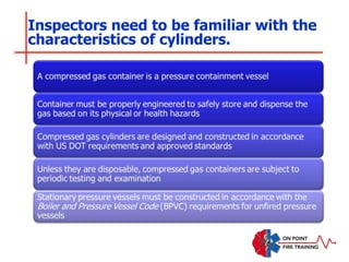 Inspectors need to be familiar with the
characteristics of cylinders.
 