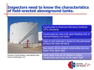 Inspectors need to know the characteristics
of field-erected aboveground tanks.
Courtesy of Scott Stookey, International Code
Council, Washington, D.C
 