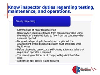 Know inspector duties regarding testing,
maintenance, and operations.
 