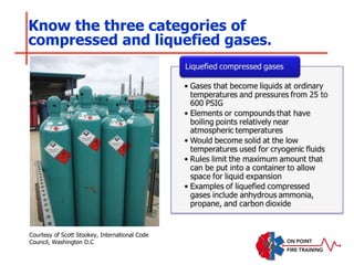 Know the three categories of
compressed and liquefied gases.
Courtesy of Scott Stookey, International Code
Council, Washington D.C
 