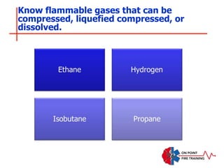 Know flammable gases that can be
compressed, liquefied compressed, or
dissolved.
 