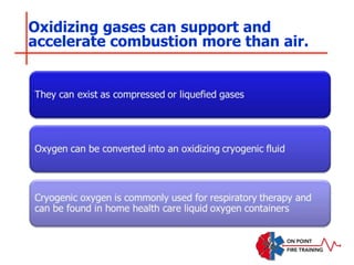 Oxidizing gases can support and
accelerate combustion more than air.
 