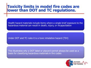 Toxicity limits in model fire codes are
lower than DOT and TC regulations.
 