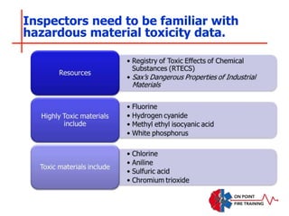 Inspectors need to be familiar with
hazardous material toxicity data.
 