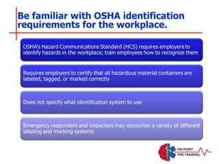 Be familiar with OSHA identification
requirements for the workplace.
 