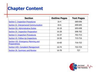 Section Outline Pages Text Pages
Section I: Inspection Procedures 16-4 689-690
Section II: Interpersonal Communication 16-6 690-695
Section III: Administrative Duties 16-18 695-698
Section IV: Inspection Preparation 16-28 698-702
Section V: Inspection Procedures 16-37 702-715
Section VI: Follow-Up Inspections 16-58 715-716
Section VII: Emergency Planning and
Preparedness
16-60 716-722
Section VIII: Complaint Management 16-74 722-724
Section IX: Summary and Review 16-78 727
Chapter Content
 