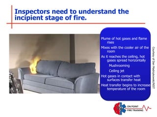 Inspectors need to understand the
incipient stage of fire.
Plume of hot gases and flame
rises
Mixes with the cooler air of the
room
As it reaches the ceiling, hot
gases spread horizontally
Mushrooming
Ceiling jet
Hot gases in contact with
surfaces transfer heat
Heat transfer begins to increase
temperature of the room
Courtesy
of
Dan
Madrzykowski/NIST
 