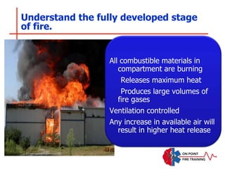 Understand the fully developed stage
of fire.
All combustible materials in
compartment are burning
Releases maximum heat
Produces large volumes of
fire gases
Ventilation controlled
Any increase in available air will
result in higher heat release
 