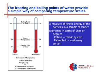 The freezing and boiling points of water provide
a simple way of comparing temperature scales.
A measure of kinetic energy of the
particles in a sample of matter
Expressed in terms of units or
degrees
Celsius = metric system
Fahrenheit = customary
system
 