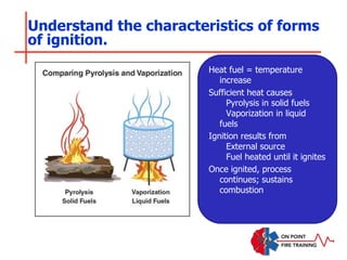 Understand the characteristics of forms
of ignition.
Heat fuel = temperature
increase
Sufficient heat causes
Pyrolysis in solid fuels
Vaporization in liquid
fuels
Ignition results from
External source
Fuel heated until it ignites
Once ignited, process
continues; sustains
combustion
 