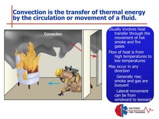 Convection is the transfer of thermal energy
by the circulation or movement of a fluid.
Usually involves heat
transfer through the
movement of hot
smoke and fire
gases
Flow of heat is from
high temperatures to
low temperatures
May occur in any
direction
Generally rise;
smoke and gas are
buoyant
Lateral movement
can be from
windward to leeward
 