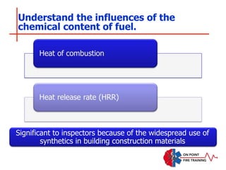 Understand the influences of the
chemical content of fuel.
Significant to inspectors because of the widespread use of
synthetics in building construction materials
 