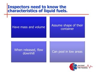 Inspectors need to know the
characteristics of liquid fuels.
 