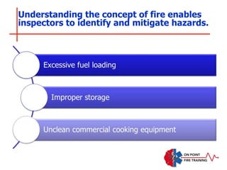 Understanding the concept of fire enables
inspectors to identify and mitigate hazards.
 