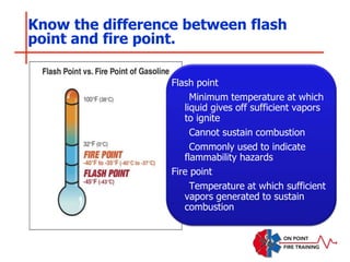 Know the difference between flash
point and fire point.
Flash point
Minimum temperature at which
liquid gives off sufficient vapors
to ignite
Cannot sustain combustion
Commonly used to indicate
flammability hazards
Fire point
Temperature at which sufficient
vapors generated to sustain
combustion
 