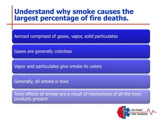 Understand why smoke causes the
largest percentage of fire deaths.
 