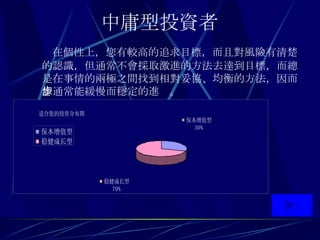 中庸型投資者   在個性上 ， 您有較高的追求目標 ， 而且對風險有清楚的認識 ， 但通常不會採取激進的方法去達到目標 ， 而總是在事情的兩極之間找到相對妥協 、 均衡的方法 ， 因而您通常能緩慢而穩定的進步 。 
