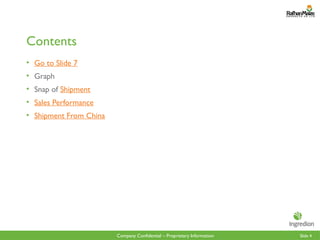 Slide 4
Company Confidential – Proprietary Information
Contents
• Go to Slide 7
• Graph
• Snap of Shipment
• Sales Performance
• Shipment From China
 