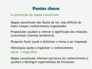 A construção de mapas conceituais
Mapas conceituais são fáceis de ler, mas difíceis de
fazer (requer conhecimento organizado)
Proposições ajudam a relevar o significado das relações
conceituais (clareza semântica)
Pergunta focal ajuda a delimitar o tema a ser mapeado
Hierarquia ajuda a organizar o conhecimento
Geral  Específico
Mapas conceituais relevam estrutura do conhecimento e
ajudam a distinguir especialistas de iniciantes
Pontos chave
 