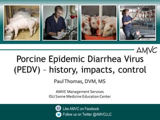 Like AMVC on Facebook
Follow us on Twitter @AMVCLLC
Porcine Epidemic Diarrhea Virus
(PEDV) – history, impacts, control
PaulThomas, DVM, MS
AMVC Management Services
ISU Swine Medicine Education Center
 