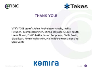 11
THANK YOU!
Finnish Bioeconomy Cluster FIBIC Oy 11.8.2015
VTT’s “DES team”: Adina Anghelescu-Hakala, Jaakko
Hiltunen, Tuomas Hänninen, Minna Kalliosaari, Lauri Kuutti,
Leena Nurmi, Eini Puhakka, Jarmo Ropponen, Stella Rovio,
Eija Silvast, Ronny Wahlström, Pia Willberg-Keyriläinen and
Sauli Vuoti
 