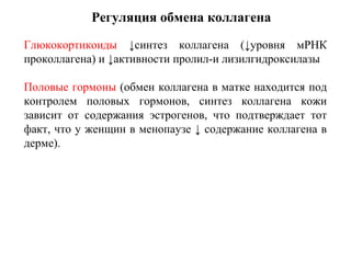Глюкокортикоиды ↓синтез коллагена (↓уровня мРНК
проколлагена) и ↓активности пролил-и лизилгидроксилазы
Половые гормоны (обмен коллагена в матке находится под
контролем половых гормонов, синтез коллагена кожи
зависит от содержания эстрогенов, что подтверждает тот
факт, что у женщин в менопаузе ↓ содержание коллагена в
дерме).
Регуляция обмена коллагена
 