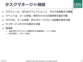 タスクマネージャ機能
 スケジュール、またはイベントによって、タスクを起動する機能
 イベントは、メール受信、特定のクラスの変更等を指定可能
 タスクは、メール送信、またはワークフローの起動を指定可能
 ウイザードコネクタの指定も可能
 使用例
 指定日時でのライセンス期限切れを自動検索し、メール送信
 毎日定時に、レポート送信
Copyright 2017(C) OSS Laboratories Inc. All Rights Reserved
 