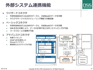 外部システム連携機能
 ウイザードコネクタ
 外部RDBMSまたはLDAPのデータと、CMDBuildのデータを同期
 タスクマネージャのスケジューリング機能で自動起動
 ベーシックコネクタ
 外部RDBMSまたはLDAPのデータと、CMDBuildのデータを同期
 XML形式の定義により、データの計算や加工を伴ったマッピングが可能
 ワークフローとの連携が可能
 アドバンスドコネクタ
 有償ライセンス
 SOAP APIを使用した
Groovyライブラリ
 無制限なカスタマイズが可能
Copyright 2017(C) OSS Laboratories Inc. All Rights Reserved
 