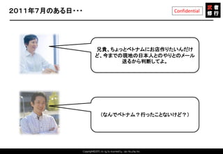 Copyright©2015 All rights reserved by Tabi-Musha, Inc.
Confidential２０１１年７月のある日・・・
Copyright 2014 Shares Inc.
兄貴、ちょっとベトナムにお店作りたいんだけ
ど、今までの現地の日本人とのやりとのメール
送るから判断してよ。
（なんでベトナム？行ったことないけど？）
 