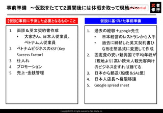 Copyright©2015 All rights reserved by Tabi-Musha, Inc.
Confidential事前準備 ～仮説をたてて２週間後には休暇を取って現地へ～
1. 面談＆英文契約書作成
• 大家さん、日本人従業員、
ベトナム人従業員
2. ベトナムビジネスのKSF（Key
Success Factor）
3. 仕入れ
4. プロモーション
5. 売上・金銭管理
1. 過去の経験＋google先生
• 日本経営のレストランから入手
• 過去に締結した英文契約書ひ
な形を簡易式に変更して作成
2. 固定費の安い新興国で平均年収が
（現地より）高い欧米人観光客向け
のビジネスをすれば勝てる
3. 日本から郵送（船便＆SAL便）
4. 日本人店長へ権限移譲
5. Google spread sheet
【仮説】事前に予測した必要となるもの・こと 仮説に基づいた事前準備
 