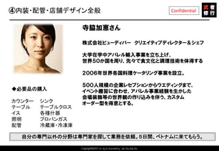 Copyright©2015 All rights reserved by Tabi-Musha, Inc.
Confidential④内装・配管・店舗デザイン全般
Copyright 2014 Shares Inc.
自分の専門以外の分野は専門家を探して業務を依頼。５日間、ベトナムに来てもらう。
寺脇加恵さん
株式会社ビューディバー クリエイティブディレクター＆シェフ
大学在学中アパレル輸入事業を立ち上げ、
世界５０か国を周り、先々で食文化と調理技術を体得する
２００６年世界各国料理ケータリング事業を設立。
５００人規模の企業レセプションからウエディングまで、
イベント趣旨に合わせ、アパレル事業経験を生かした
会場装飾等の世界観の作り込みを伴う、カスタム
オーダー型を得意とする。
◆必要品の購入
カウンター
テーブル
イス
照明
配管
シンク
テーブルクロス
各種什器
プロパンガス
冷蔵庫・冷凍庫
 