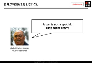 Copyright©2015 All rights reserved by Tabi-Musha, Inc.
Confidential自分が特別だと思わないこと
Copyright 2014 Shares Inc.
Japan is not a special.
JUST DIFFERENT!
Global Project Leader
Mr. Duane Horton
 