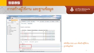 การสร้างผู้ใช้งาน และฐานข้อมูล
คลิกที่ปุ่ม Add user เพื่อสร้างผู้ใช้งาน
ฐานข้อมูลใหม่
15
 