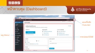 หน้าควบคุม (Dashboard)
28
แถบเครื่องมือ
(Tools Bar)
ภาพรวมของเว็บไซต์
เมนู (Menu)
 