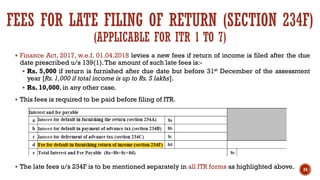 FEES FOR LATE FILING OF RETURN (SECTION 234F)
(APPLICABLE FOR ITR 1 TO 7)
▪ Finance Act, 2017, w.e.f. 01.04.2018 levies a new fees if return of income is filed after the due
date prescribed u/s 139(1).The amount of such late fees is:-
▪ Rs. 5,000 if return is furnished after due date but before 31st December of the assessment
year [Rs.1,000 if total income is up to Rs. 5 lakhs].
▪ Rs. 10,000, in any other case.
▪ This fees is required to be paid before filing of ITR.
▪ The late fees u/s 234F is to be mentioned separately in all ITR forms as highlighted above. 24
 