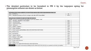 ▪ The detailed particulars to be furnished in ITR 4 by the taxpayers opting for
presumptive scheme are shown as below:
Contd..
27
 