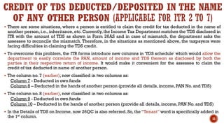 CREDIT OF TDS DEDUCTED/DEPOSITED IN THE NAME
OF ANY OTHER PERSON (APPLICABLE FOR ITR 2 TO 7)
▪ There are some situations, where a person is entitled to claim the credit for tax deducted in the name of
another person, i.e., inheritance, etc. Currently, the Income Tax Department matches the TDS disclosed in
ITR with the amount of TDS as shown in Form 26AS and in case of mismatch, the department asks the
assessee to reconcile the mismatch. Therefore, in the situations as mentioned above, the taxpayers were
facing difficulties in claiming the TDS credit.
▪ To overcome this problem, the ITR forms introduce new columns in 'TDS schedule' which would allow the
department to easily correlate the PAN, amount of income and TDS thereon as disclosed by both the
parties in their respective return of income. It would make it convenient for the assessee to claim the
credit of tax deducted in name of another person.
▪ The column no. 7 (earlier), now classified in two columns as:
Column 7 - Deducted in own funds
Column 8 – Deducted in the hands of another person (provide all details, income, PAN No. and TDS)
▪ The column no. 8 (earlier), now classified in two columns as:
Column 9 - Deducted in own funds
Column 10 – Deducted in the hands of another person (provide all details, income, PAN No. and TDS)
▪ In the Details of TDS on Income, now 26QC is also referred. So, the “Tenant” word is specifically added in
the 1st column. 33
 
