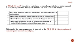 ▪ In ITR 2, 3, 5, 6 and 7, the detail of capital gain in case of unquoted shares is also required
to be shown separately in the new ITR forms for A.Y. 2018-19 as shown below:
▪ Additionally, the same requirement is inserted in the ITR 2, 3,5 & 6 in the column of
calculating non-resident’s capital gain.
Contd..
37
 