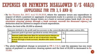 EXPENSES OR PAYMENTS DISALLOWED U/S 40A(3)
(APPLICABLE FOR ITR 3, 5 AND 6)
▪ By the Finance Act, 2017, w.e.f 01.04.2018, where the assessee incurs any expenditure in
respect of which a payment or aggregate of payments made to a person in a day, otherwise
than by an account payee cheque drawn on a bank or account payee bank draft, [or use of
electronic clearing system through a bank account, exceeds ten thousand rupees,] no
deduction shall be allowed in respect of such expenditure.
▪ Earlier, the limit of Rs. 20,000 is allowed.
▪ The above highlighted change is occurred in ITR 3, 5 & 6, now the assessee has one more
option of payment i.e. electronic clearing system and the limit of 20,000 is decreased to Rs.
10,000.
53
 